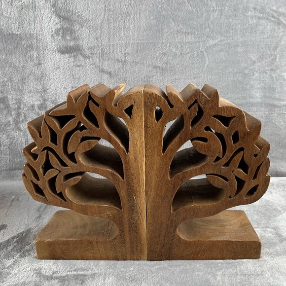 Other - Wooden Bookends Heavy Duty Hand Crafted Artisan Carved Wood Trees 8" Tall